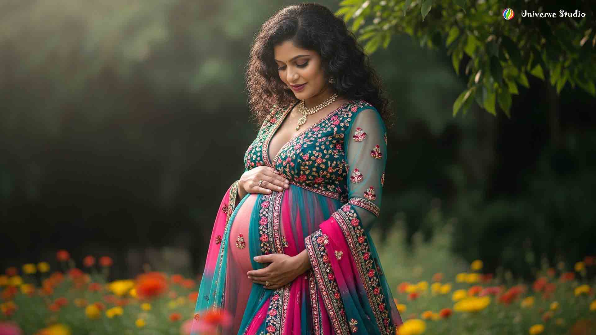 Expecting mother posing for maternity photoshoot in Azamgarh.